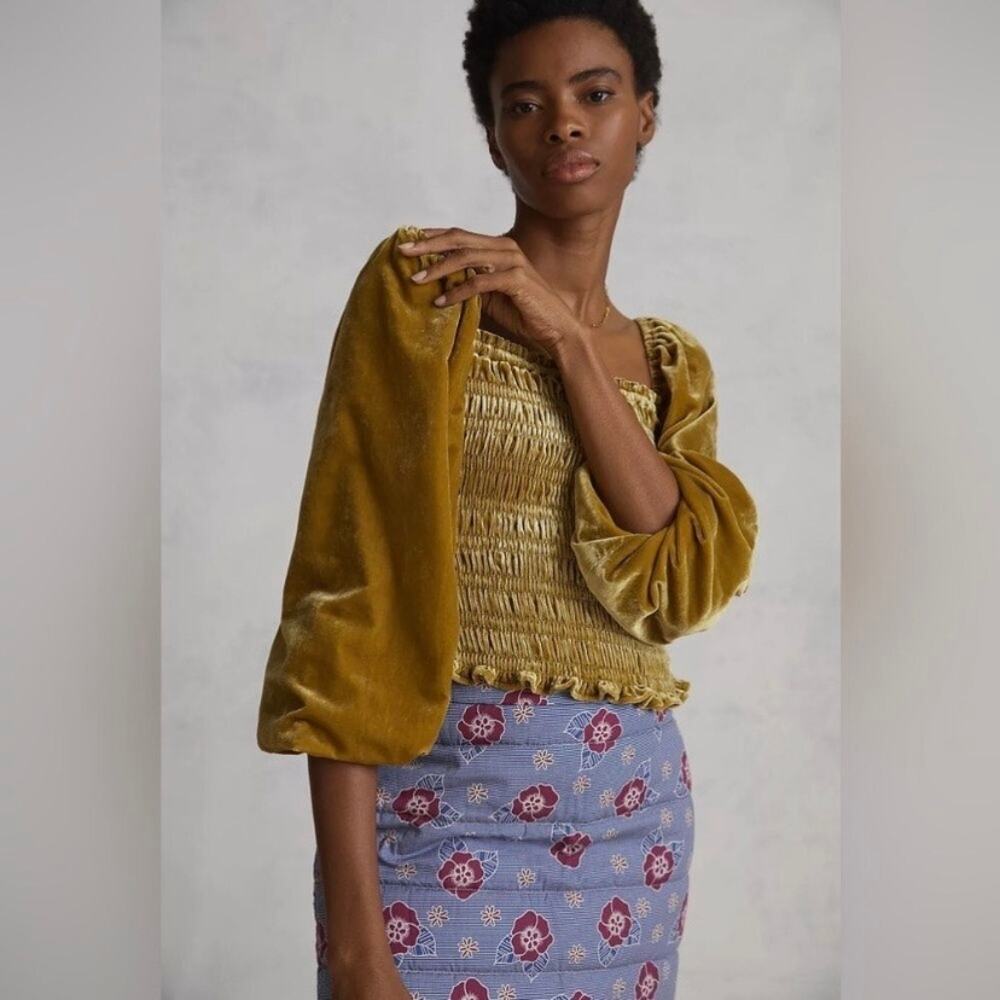 Anthropologie Chartreuse Crushed Velvet Puff Sleeve Smocked Top Sz.M